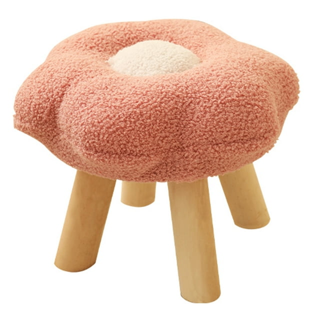 Small Foot Stool Cute Sunflower Soft Teddy Velvet High Resilience Wooden Footstools for Bedroom Living Room Sofa Pink