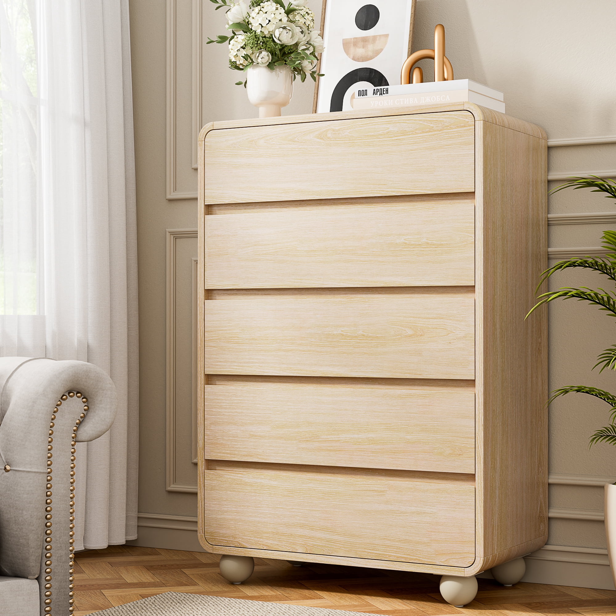 Laintene Tall Dresser 5 Drawer, Modern Wood Dresser for Bedroom, 41" Fluted Chest of Drawers with Curved Profile Design, Natural