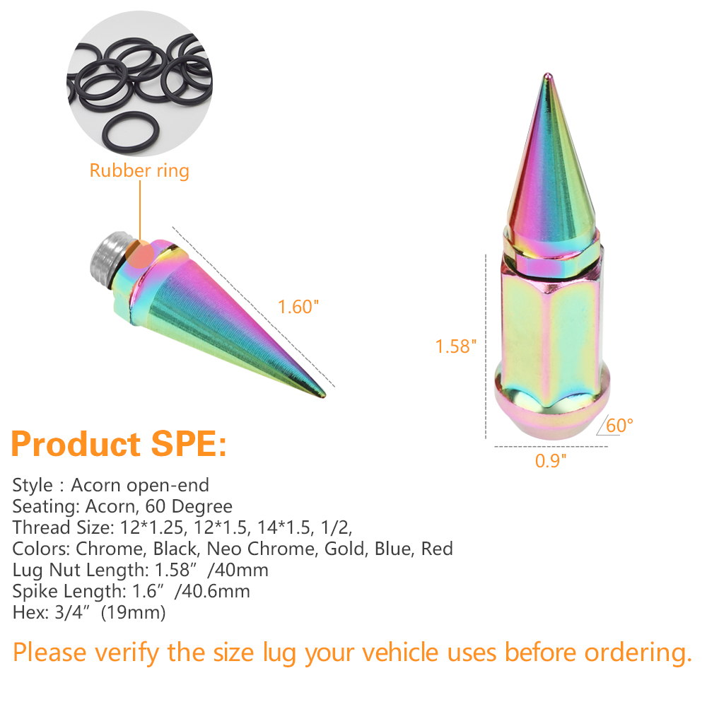 32 Neo Chrome Universal 2pc Extended Spike Lug Nut M12x1.5 Conical Seat Hex  3/4