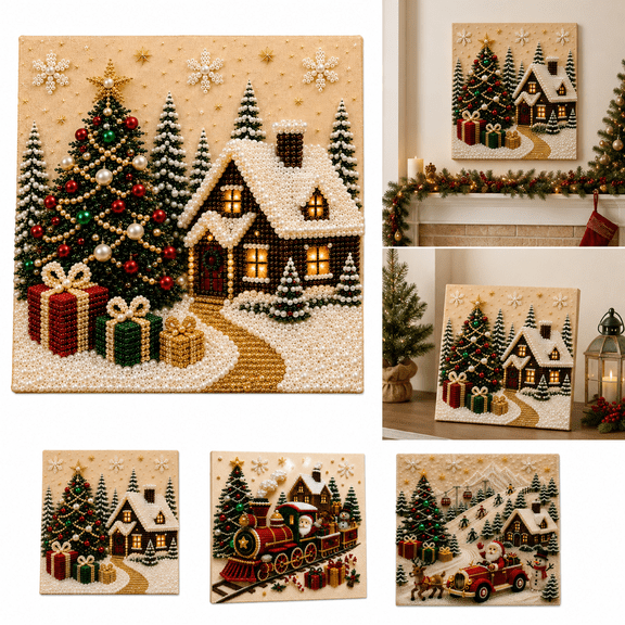 Christmas Pearl Bead Art Kit with Frame, DIY Diamond Dot Painting Craft for Adults and Beginners, Sparkling Gemstone Holiday Wall Table Decor
