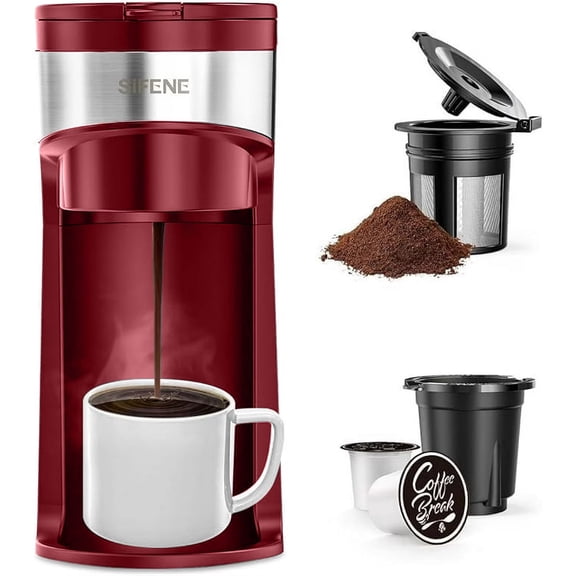SiFENE Mini 2-in-1 Single Serve Coffee Maker - K Cup & Ground, Descaling, Red