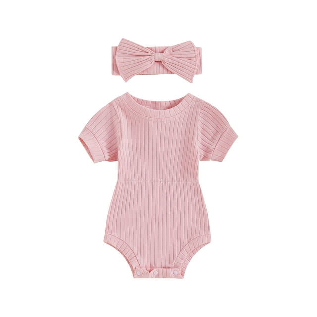 FOCUSNORM Ensemble d'Été 2 Pcs pour Bébé Fille Barboteuse à Manches Courtes Col Rond avec Bandeau Vêtements pour Nouveau-Né