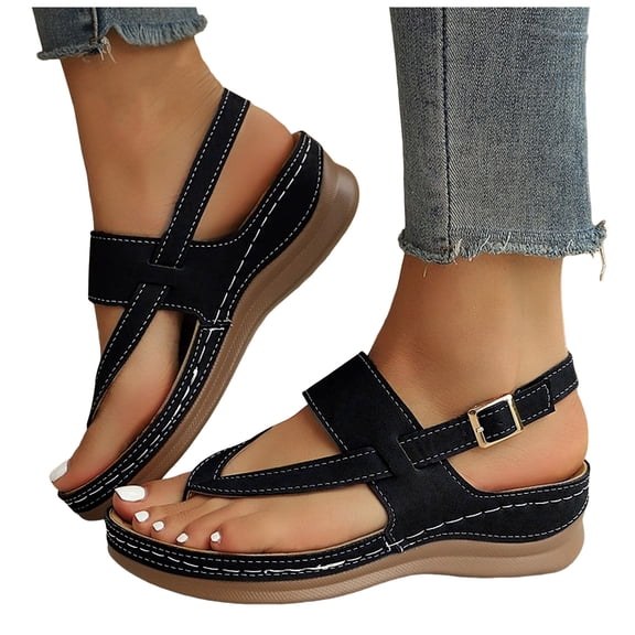 Rokment Orthopedic Wedges Flip Flops Sandals for Women 2026 Beach Summer Comfortable Leather Arch Support Platform Mid Heels Walking Dress Thongs with Adjustable Back Strap Black Size 6.5