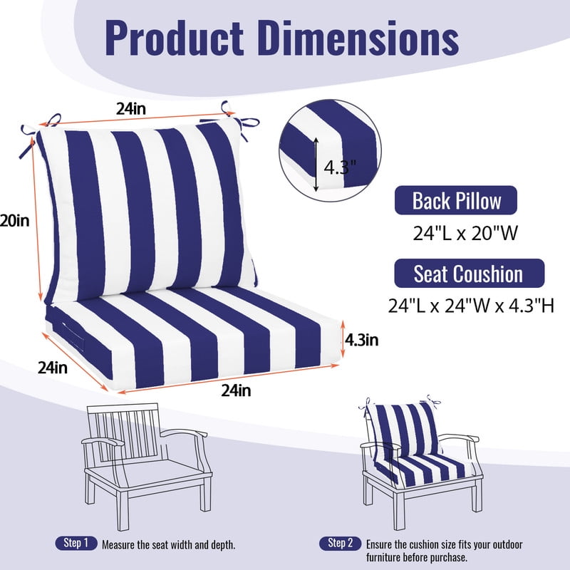 SDJPOI 2 Set Outdoor Deep Seat Cushions, 24"x24"X4.3" Waterproof Fade-Resistant Patio Furniture Cushions with Removable Covers & Adjustable Ties for Chairs, Sofa, Couch