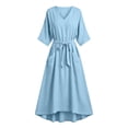 thumbnail image 6 of Smsaxvxz Women's Summer Dresses Fashion Solid V Neck 3/4 Sleeve Tie Knot Waist Maxi Dress with Pockets Casual Loose Beach Sundress Light Blue XL, 6 of 6