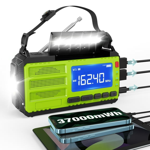 37000mWh Hand Crank Emergency Radio, AM FM NOAA Weather Alert Radio, Portable, Solar, 4 Charging Methods, 3-Mode Flashlight, Reading Lamp, SOS Alarm, Phone Charger for Winter Storm Emergency