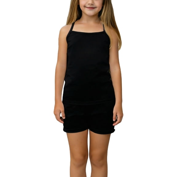 IFNWSV Girls Summer Outfits Thin Shoulder Strap Tank Top and Shorts Home Wear Two-piece Set for Kids Black 13-15 Years