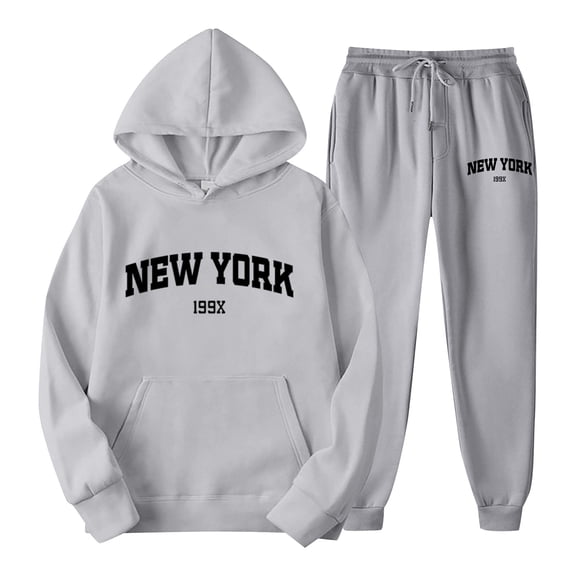 Wangmeiwg Women's Sweatshirts York Theme Unisex Letter Print Hoodie and Sweatpants Casual Wear Set Comfortable Stylish Matching Tracksuit for Couples Grey M