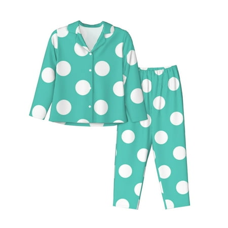 JUNZAN Teal Turquoise And White Polka Dot Print Womens Pajama Sets Long Sleeve Button Down for Women Pjs 2 piece-Small