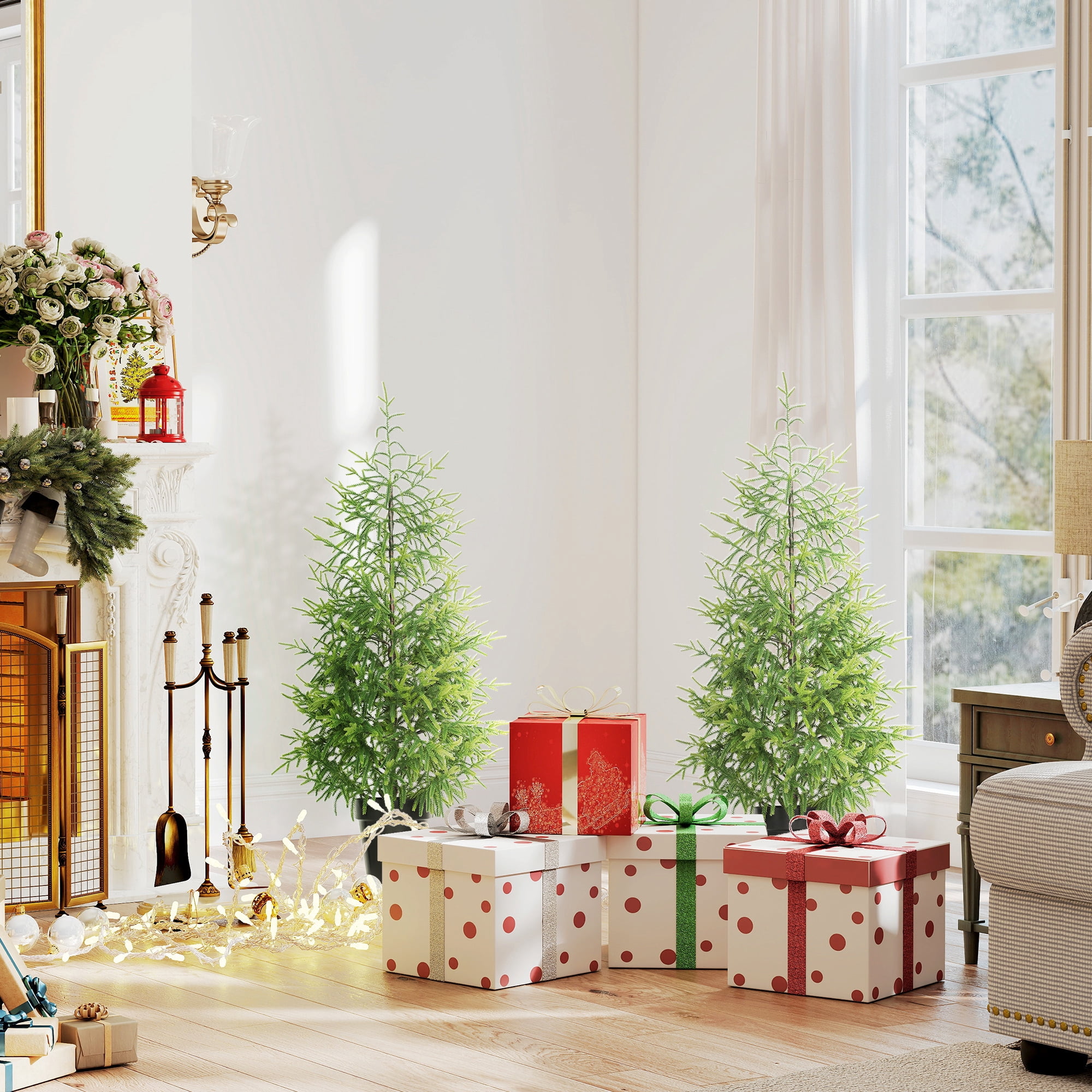 Astoutdoor Set of 2 Artificial Christmas Trees, 4 ft Norfolk Pine, 133 Tips, Green Plastic