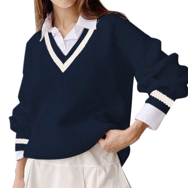 Gibobby Suéteres para mujer, Suéter con cuello en V para mujer, manga larga, ajuste delgado(Negro,XG)