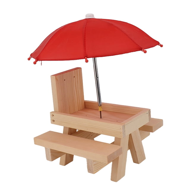 Pine Wood Squirrel Feeder Table With Umbrella, Squirrel Picnic Table With 2 Benches For Outdoor Garden