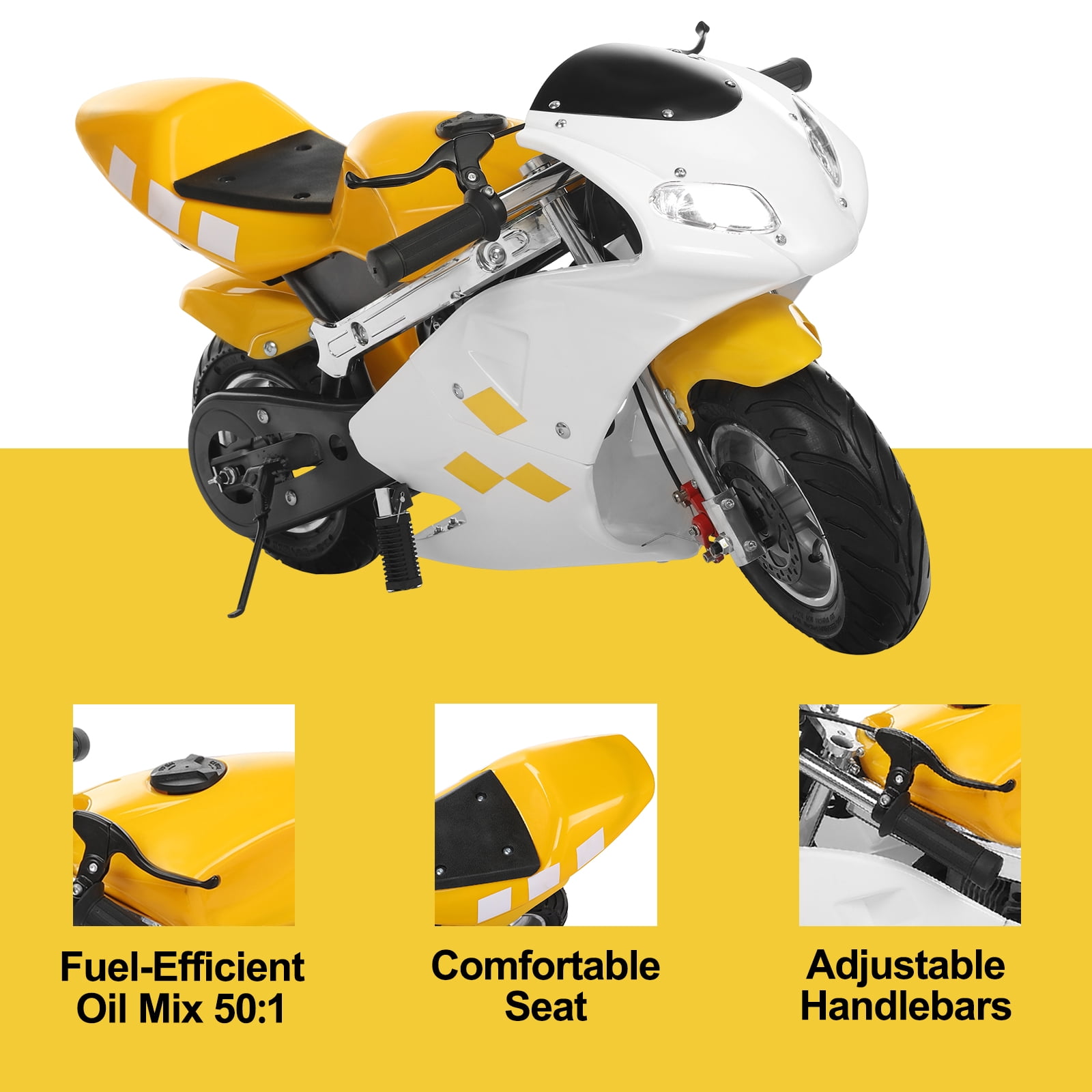 Wharick 49cc 2 Stroke Pocket Bike, Gas Pocket Bike for Kids with Strong Dual Brake, Racing Max Speed 20Mph, Dual Headlights Mini Motorcycle Max Weight 170 LB