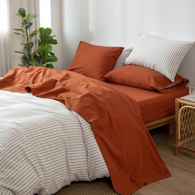 Bedding Sheet Set Washed Cotton Linen Like Textu Breathable Durable Soft Comfy (Dark Orange Queen)