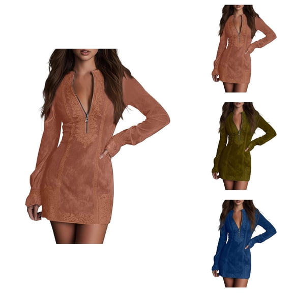 Western Cowgirl Dress for Women Long Sleeve Half Zip V Neck Lace Embroidered Bodycon Mini Dresses Country Concert Dress