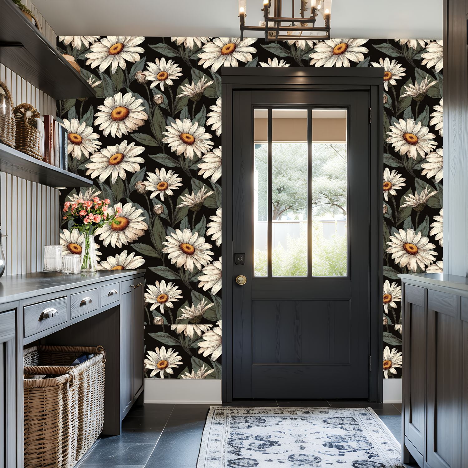 Peel and Stick Wallpaper White Daisy Flowers Green Leaves Black Botanical Wall Mural 17.7in x 9.8ft Self Adhesive Removable Wall Paper Renter Friendly Wallpaper for Nursery Bedroom Cabinets