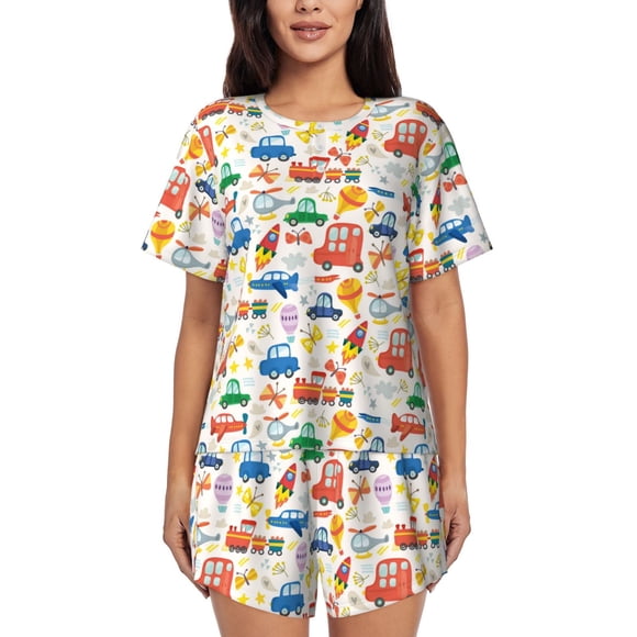 Balery Cartoon Transportation Conjunto de Pijama para Mujer con Estampado, Dos Piezas de Manga Corta y Shorts, Ropa de Dormir Suave con Cuello Redondo y Bolsillos-X-Large