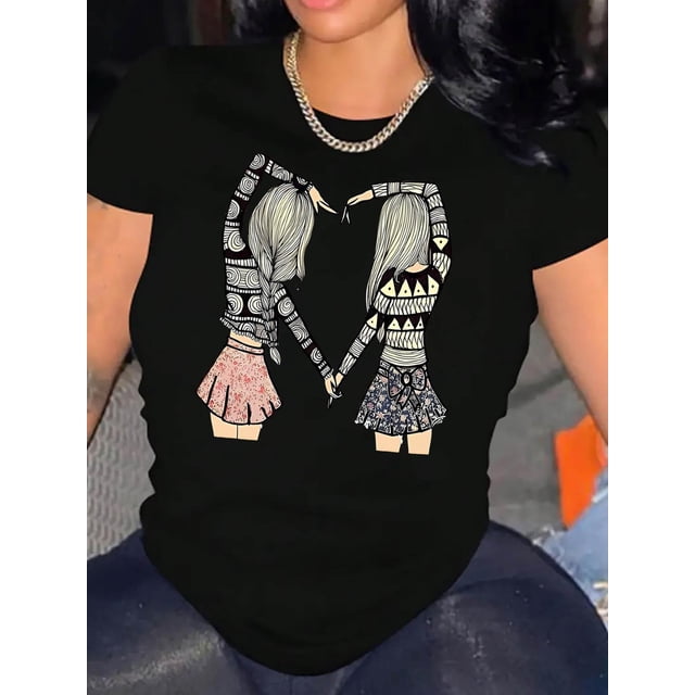 Creative Heart Pattern Girl Design, Women'S Trendy Round Neck Short Sleeve, Simple Casual Sports T-Shirt, Comfortable Summer Top for Holidays.