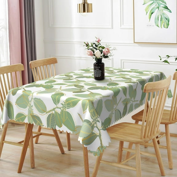 Nanqianyi Rectangular Tablecloth 52" x 70" With Green Leaf Golden Pattern, Waterproof & Oil Table Cover for Outdoor Picnic Decor