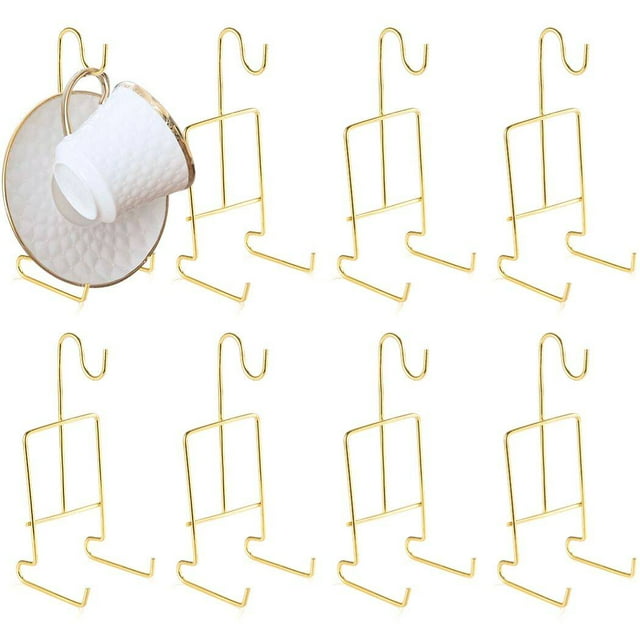 Cup and Saucer Display Stand, 8 Pcs Tea Cup and Saucer Holders, Teacup Coffee Mug Organizer Rack, Golden Finish Metal Mug and Saucer Stand for Tea Coffee Cups Plates