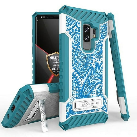 Galaxy S9 Plus / Galaxy S9  Case, Trishield Durable Shockproof High Impact Rugged Armor Phone Cover with Kickstand for Samsung S9  Only White/Printed Blue Tribal