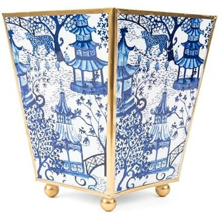 Decorative Blue and White Planter Pot, Square Planters for Indoor Plants, 4in Plant Pots Metal Cachepot, Square Flower Pot White and Gold Planter Chinoiserie Planter Oriental Decor$$Garden & Patio