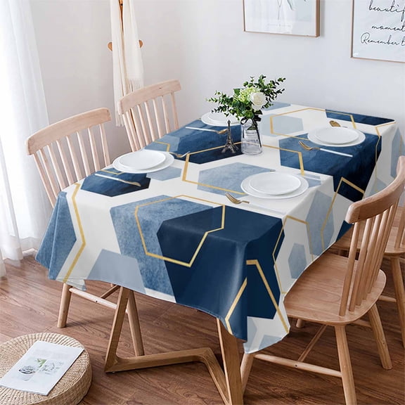 Navy Blue Marble Tablecloth Rectangle Table Cloth 60x102 , Waterproof Tablecloth Outdoor Table Cloth, Gold White Geometric Hexagon Modern Washable Table Cover for Kitchen Dining Party
