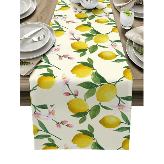 Table Runner Dresser Scarves 90 Inch Long, Summer Farm Fruit Lemons Linen Dining Table Runners Blossom FlowerS on Pale Yellow Tabletop Scarf for Wedding Holiday Party Kitchen