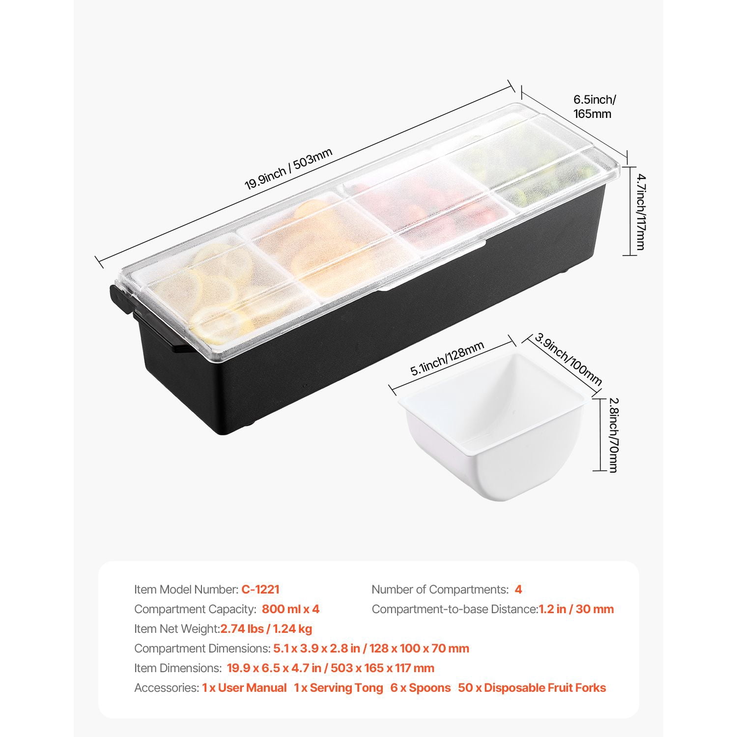 Chilled Condiment Server 4 Compartments Ice Cooled Food-Safe BPA-Free with Lid for Bar Party Camping BBQ
