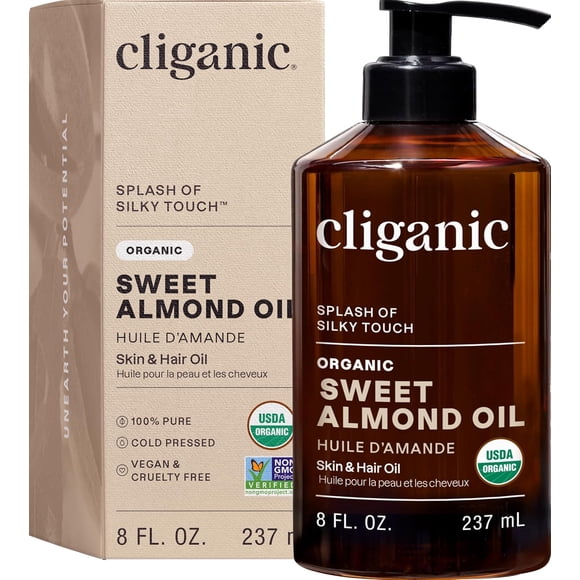 Cliganic Organic Sweet Almond Oil, 100% Pure (8oz) - for Skin & Hair, Nourishing Carrier Oil for Face & Body