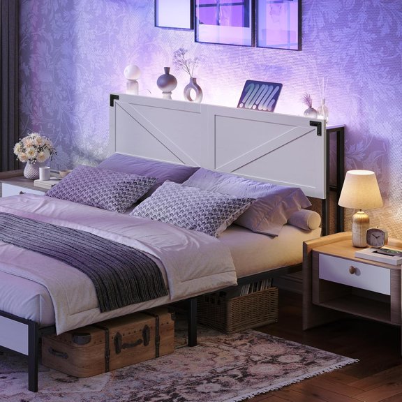 Size Headboard Only, Headboard with 2 Outlets and 4 USB Ports, Farmhouse Headboard, with LED Lights, Secure Storage with Raised Fence, with Bed Frame Adapter, White and Black