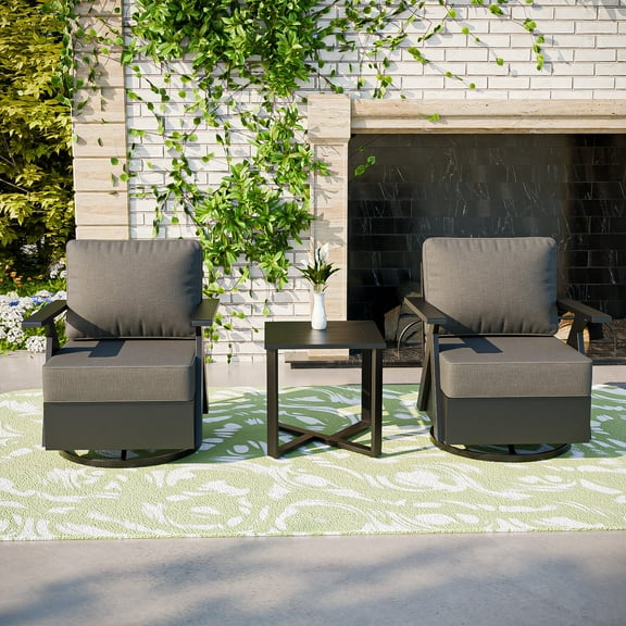 COOS BAY Iron Luxe Modern 3 PCE Outdoor Bistro Set, Aluminum Patio Sofa Set Swivel Rockers and Side Table, Black/Gray