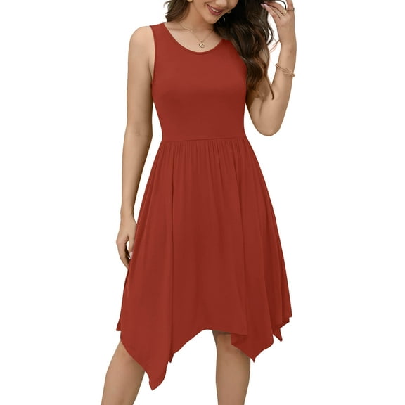 Chiclily Women Summer Casual T-Shirt Dress Sleeveless Irregular Hem Beach Loose Dress with pockets, US Size XL, Brownish Red