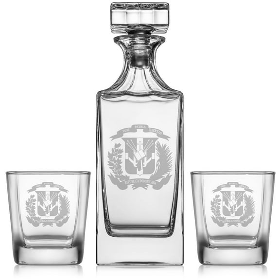 Whiskey Decanter Gift Set With 2 Whiskey Old Fashioned Rocks Glasses Dominican Republic Crest