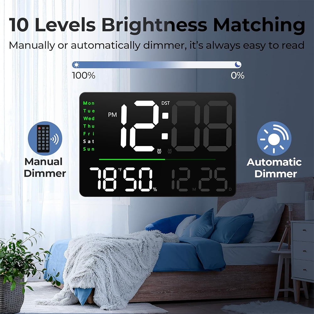 Teetheory Digital Wall Alarm Clock, 16" LED Large Display Alarm Clocks with Remote Control, Oversized Wall Clock w/ Date, Day of Week, Temperature for Table&Wall Mount Bedroom Office Senior