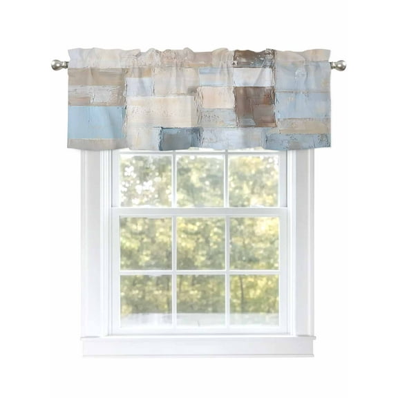 Blue Brown Abstract Curtain Valances for Windows, Oil Painting Simple Geometric Art Kitchen Valance Window Treatment, Light Filtering Block Curtains for Bathroom/Bedroom/Living Room 60'' x 18''