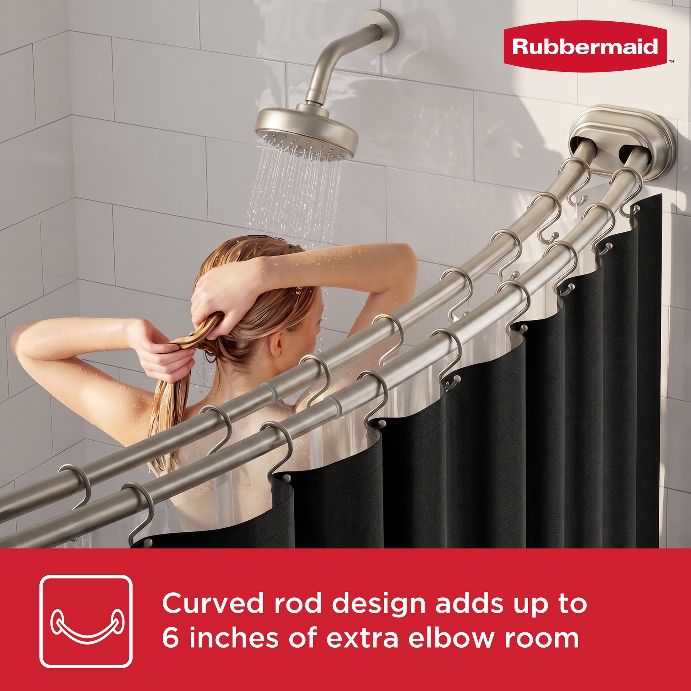 Rubbermaid No Drill Adjustable Tension Double Curved Shower Curtain Rod, Rustproof, 50" - 72", Nickel