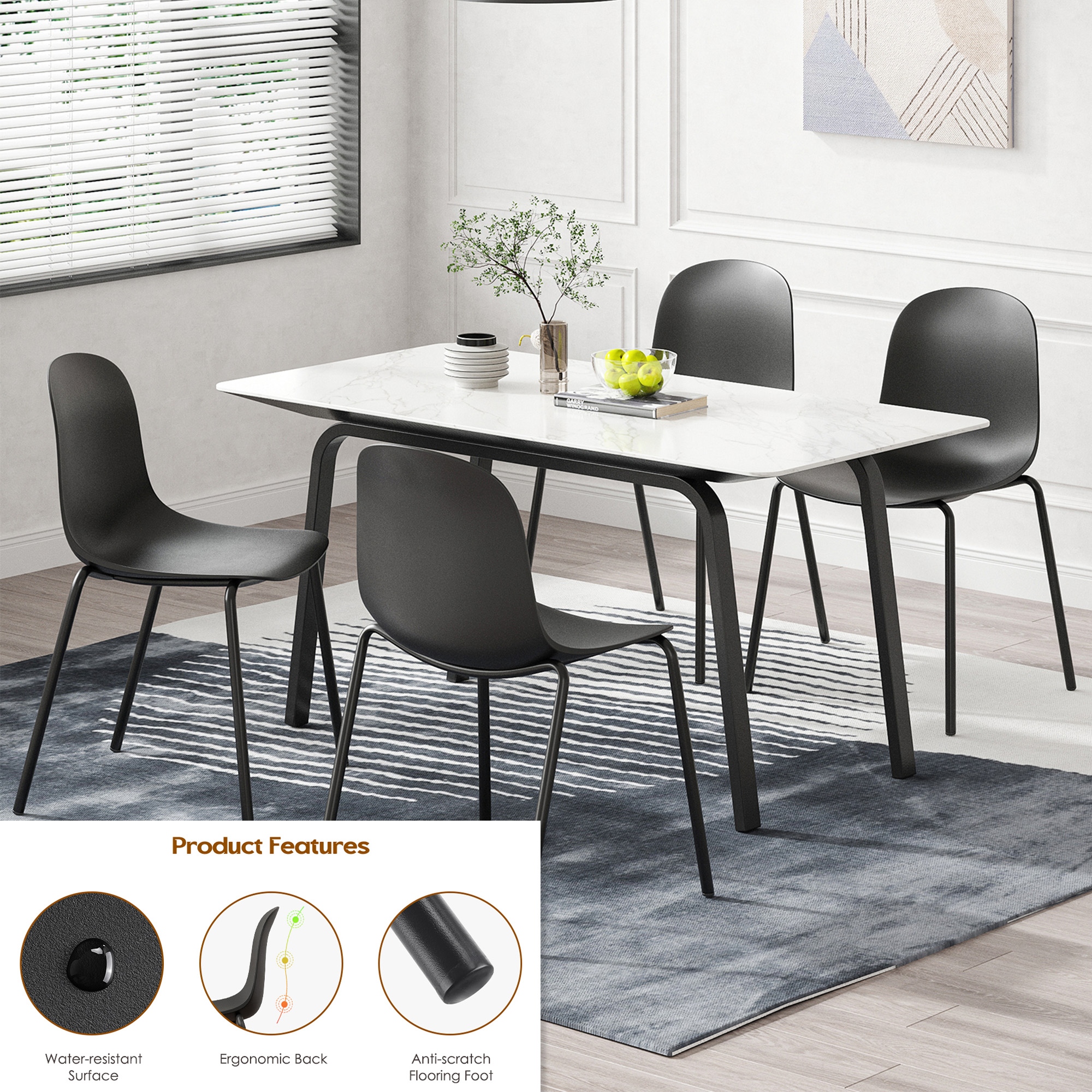 MAYEERTY Black Set of 4 Modern Stackable Plastic Waterproof Dining Chairs, Metal Legs, Indoor/Outdoor Use