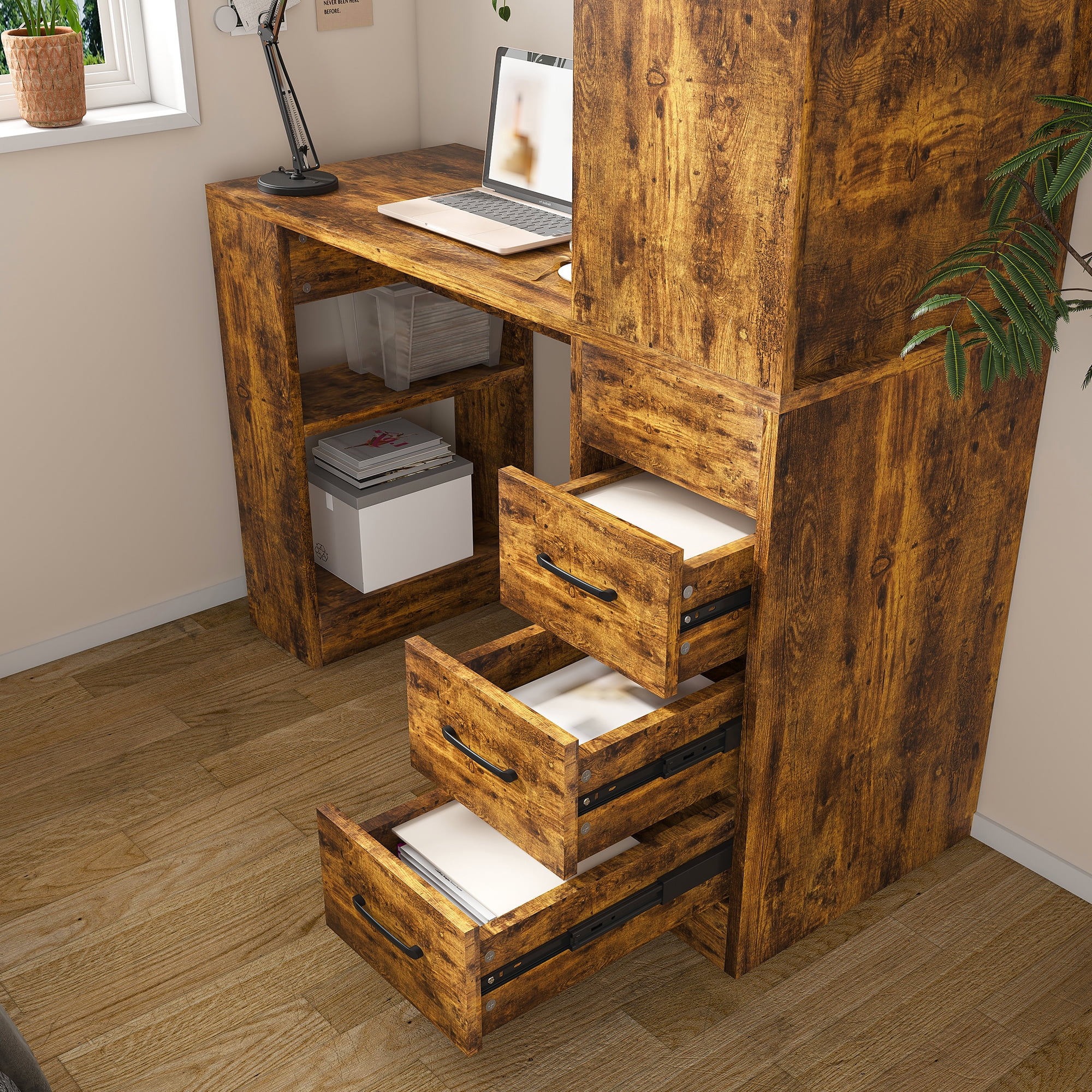 Computer Desk with 4-in-1 Socket & 3 Drawers, 4-Tier Storage Shelves, Carbonized Wood Finish Laminate for Home Office, Study, Bedroom