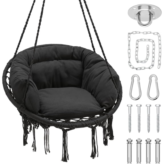 CZMDZH Hammock Chair Hanging Swing Chair with Large Thick Cushions, Outdoor Hanging Chair with Macrame Cotton Rope for Indoor, Outdoor, Bedroom, Balcony, Holds 350 Lbs, Black