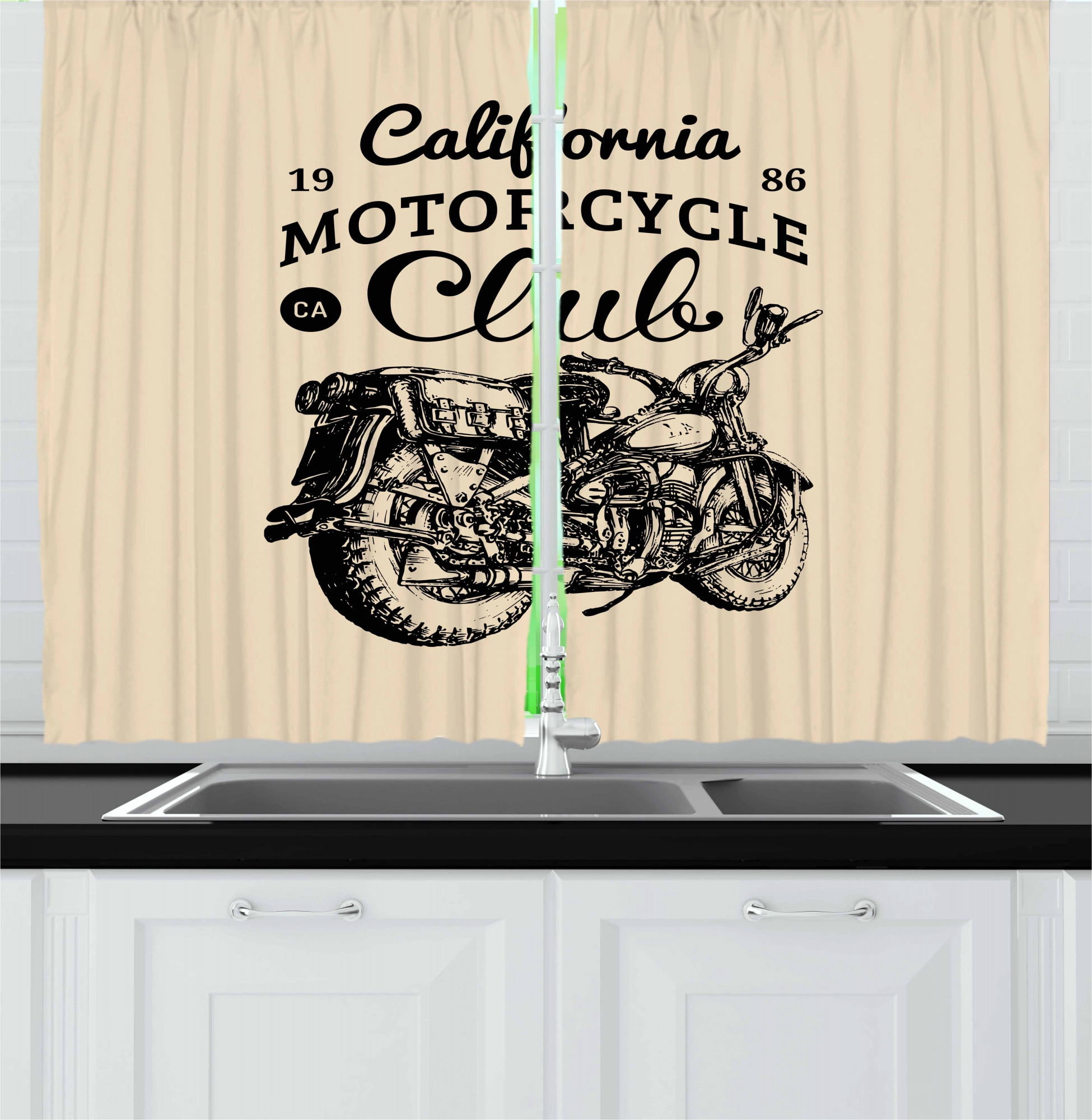 Motorcycle Kitchen Curtains, Vintage Detailed Chopper Design with Bike Club Lettering on Beige ...
