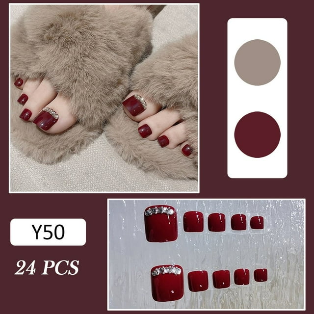 24 Pcs Faux Ongles d'Orteils Rouges Brillants Paillettes Faux Ongles pour Femmes et Filles Colle Gelée
