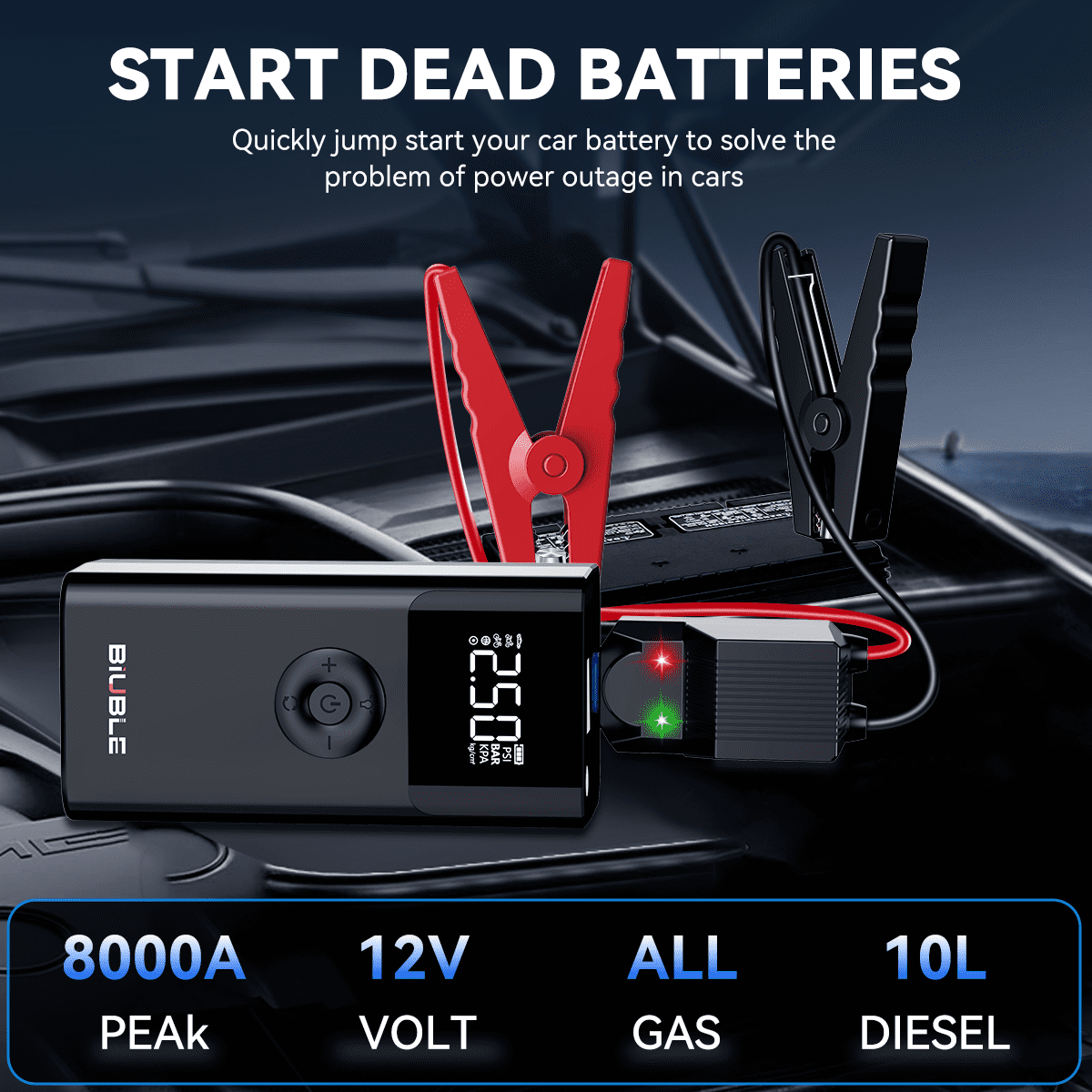 BIUBLE Portable 8000A Car Jump Starter with Air Compressor 150PSl, 12V Battery Pack (ALL Gas/2.64gal Diesel),  Car Battery Jumper Starter, Smart Jump Cables, Digital Display, LED Lights, V