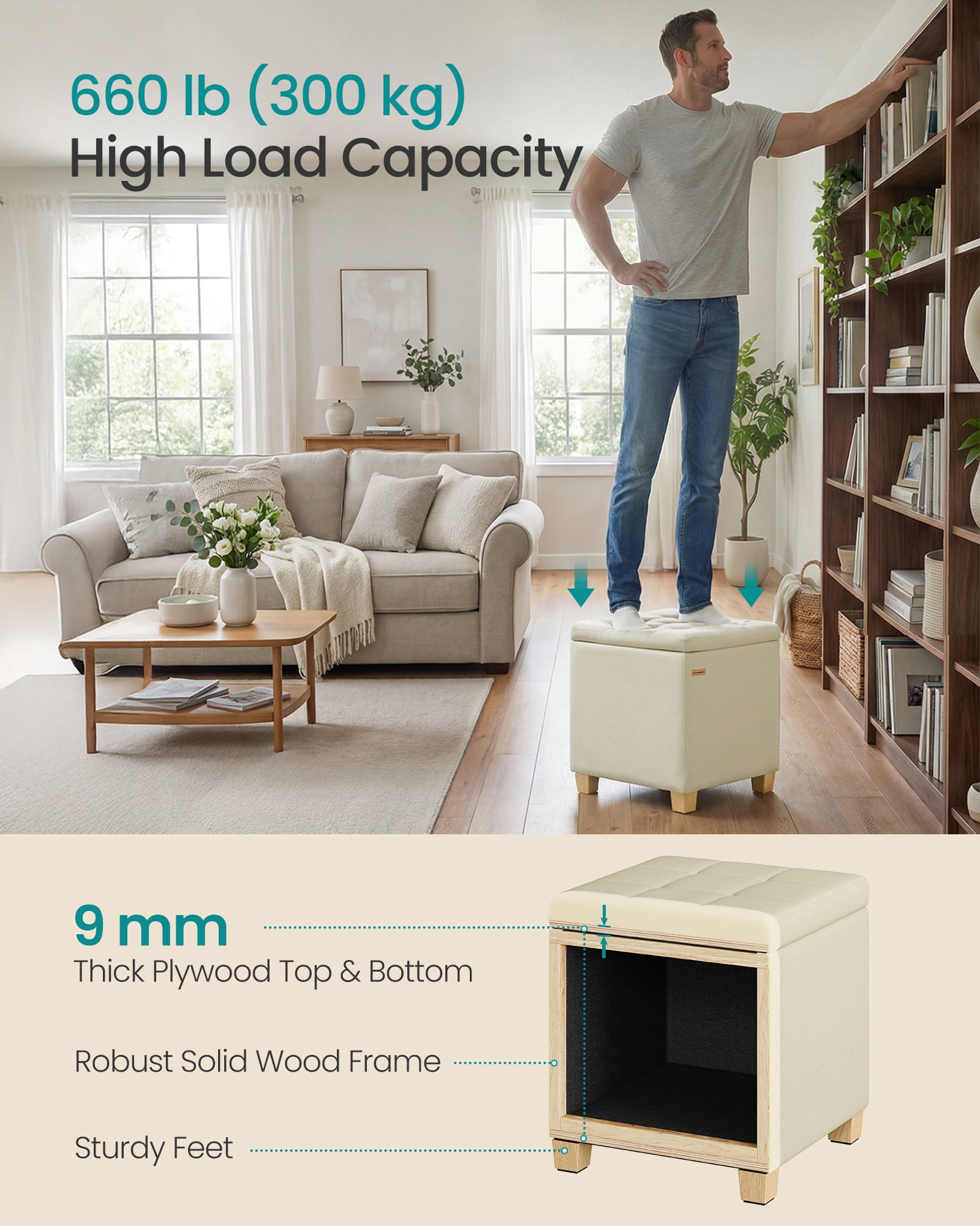 SONGMICS Square Storage Ottoman, Foot Stool Footrest with Legs, Ottoman Cube, 16.9 x 16.9 x 18.1 Inches, Linen-Look Fabric, Summer Sand