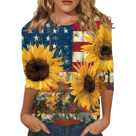 Womens 4th of July Shirts Casual 3/4 Sleeve American Flag Print T Shirt Round Neck USA 250th Anniversary Celebration Party Tunic Tops Independence Day Patriotic 1776-2026 Blouses, 5XL