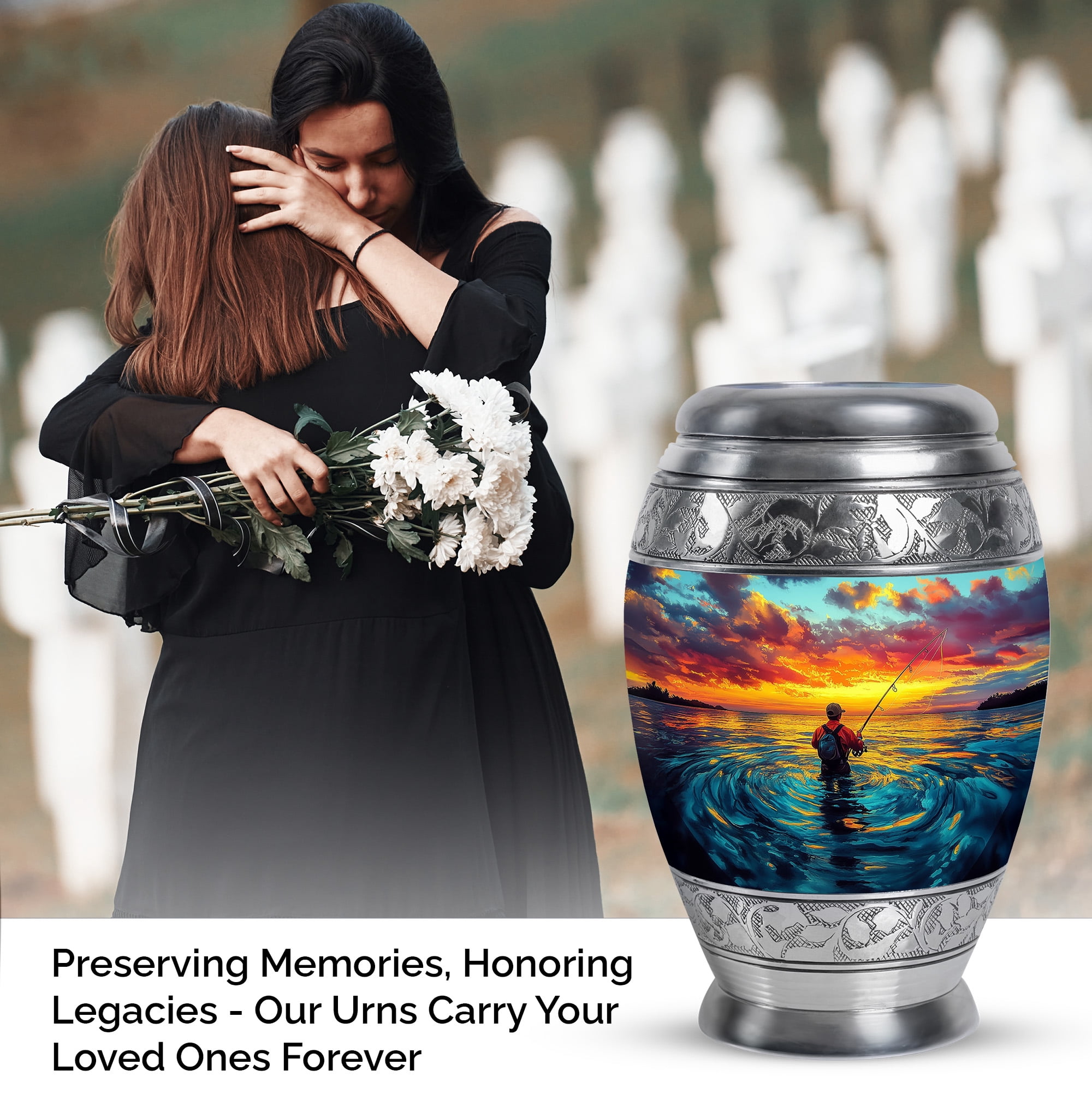 SABURIAL Fishing Urn - Decorative Cremation Urns - Keepsake Urns For Human Ashes Adult Male - Large Burial Urn For Ashes For Women & Men - Combo Of 10 Inch & 3 Inch