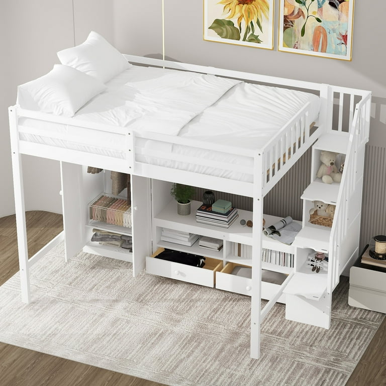 EUROCO Full Size Loft Bed with Wardrobe and Storage Drawers