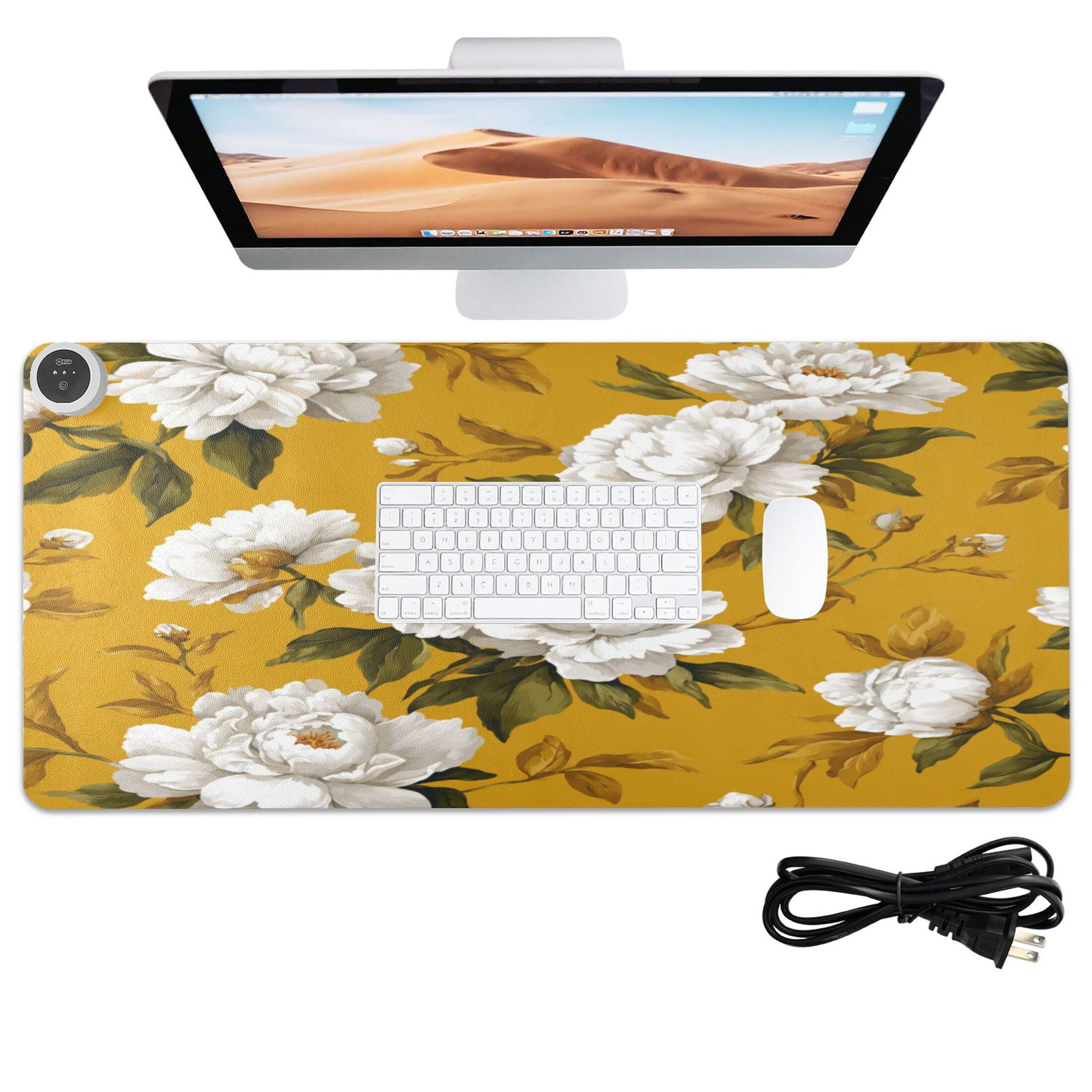 Large Heated Desk Mat Mouse Pad 31.5"x13"PU Leather Graphene Heating Desk Warmer with 3 Temperature Settings 110V US Plug Non-Slip Warm Pad for Home, Office, and Gaming Retro Yellow and White Peony