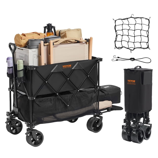 vevor carro plegable de dos pisos, carro plegable de 400 l con ruedas todo terreno, carro plegable resistente, capacidad de peso de 450 libras para camping, compras, jardín — Vista frontal 3/4 de vagón plegable negro con logo VEVOR; estructura de hierro reforzado con recubrimiento en polvo y paneles de tela Oxford 600D en compartimientos superior (167 L) e inferior (137 L) cargados con equipo de camping. Ruedas todoterreno de 7 x 4 pulgadas con bujes y rodamientos 360°, mango ergonómico ajustable 0–90° y bolsillos laterales; a la derecha se muestra plegado con ruedas apiladas y accesorios incluidos (red y cuerda elástica). Suele usarse para camping, compras y mudanzas por su plegado rápido y gran capacidad.