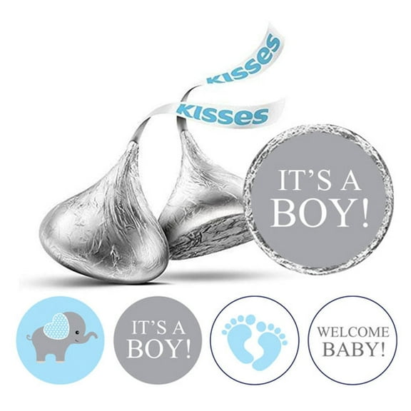 Darling Souvenir 190 Pcs Gray & Blue Baby Boy Chocolate Favor Stickers - Mini Candy Wrappers & Labels for Baby Shower, Sprinkle Party Decor